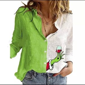 Fashion Green Stitching Wine Glass Print Blouse